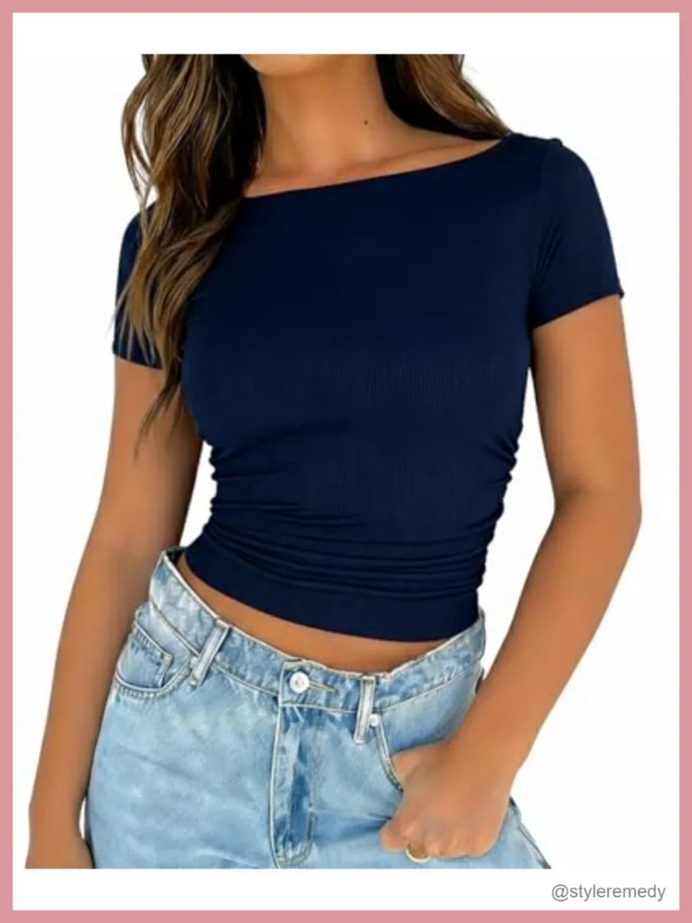 Women's Ribbed Knit Boat Neck Short Sleeve Slim Fit T-Shirt